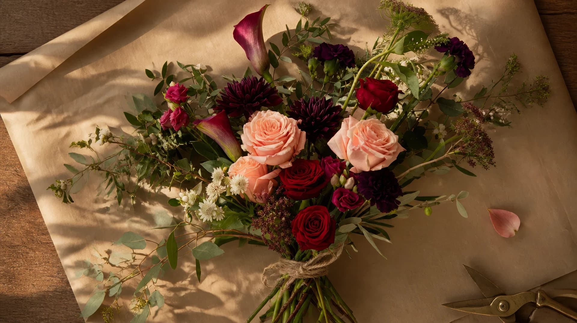 Hand-tied seasonal bouquet of pink roses, deep red roses, purple calla lilies, and dark dahlias with fresh greenery on brown kraft paper, brass pruning shears nearby — Olive Tree Florist, London's seasonal florist
