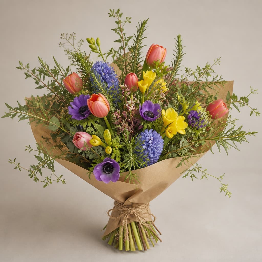 The London 32 — vibrant wild mixed bouquet with coral tulips, yellow freesias, blue hyacinths, purple anemones, and rosemary sprigs