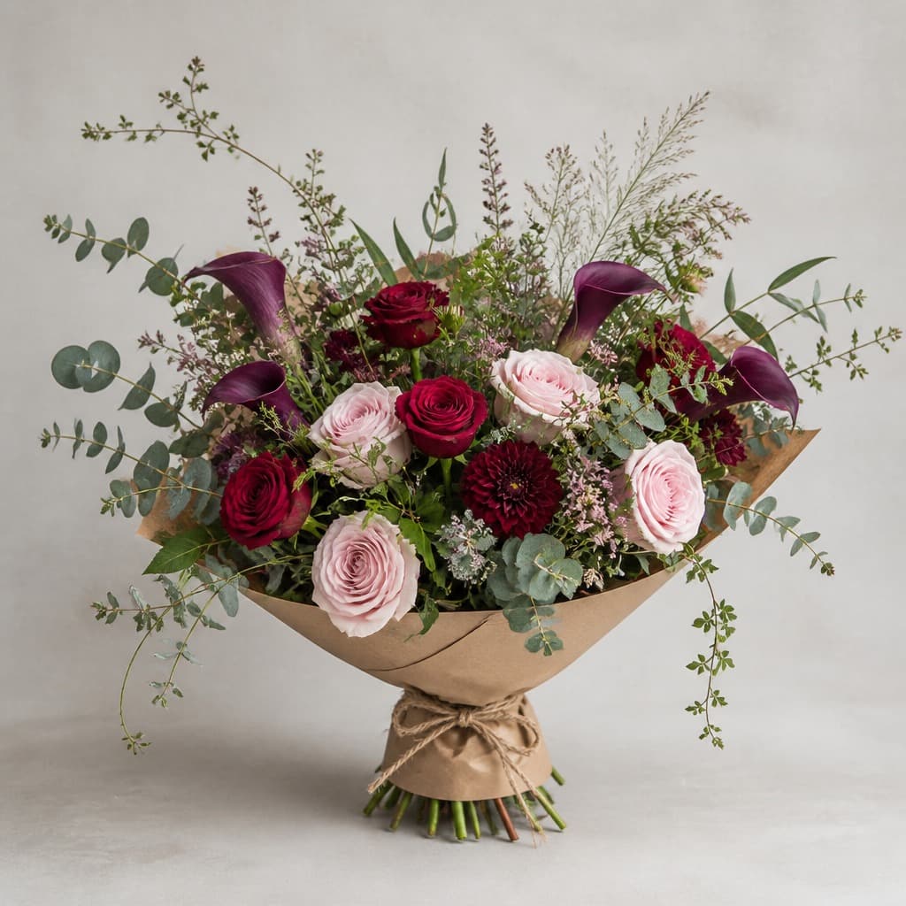 The Olive Branch — large wild hand-tied bouquet of pink roses, deep red roses, purple calla lilies, dark dahlias, and trailing eucalyptus on brown kraft paper with jute twine