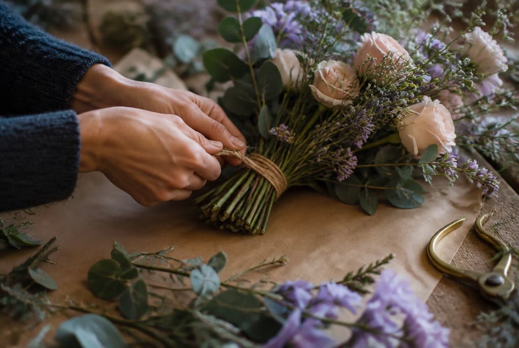A florist's hands hand-tying a bouquet of seasonal British flowers with kraft paper and twine